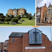 Properties up for sale in Melton Mowbray, clockwise from top left, Egerton Lodge, Colles Hall and Sage Cross Methodist Church
