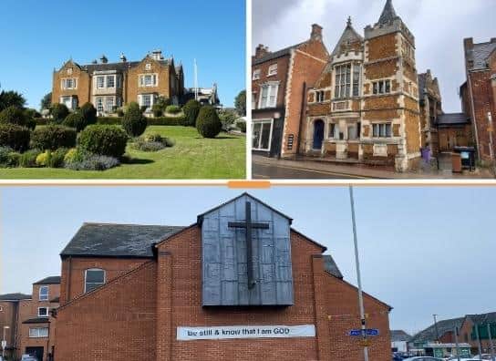 Properties up for sale in Melton Mowbray, clockwise from top left, Egerton Lodge, Colles Hall and Sage Cross Methodist Church