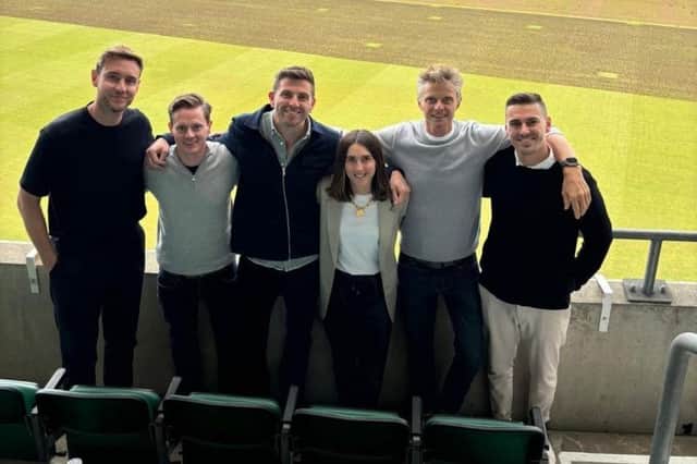 Pictured at a Cat & Wickets Pub Company board meeting at The Oval cricket ground in London, from left, Stuart Broad (NED), Edward Walsh (NED), Harry Gurney (managing director), Avril Gurney (product director), Lee Cash (NED) and Jack Whitehead (operations director)