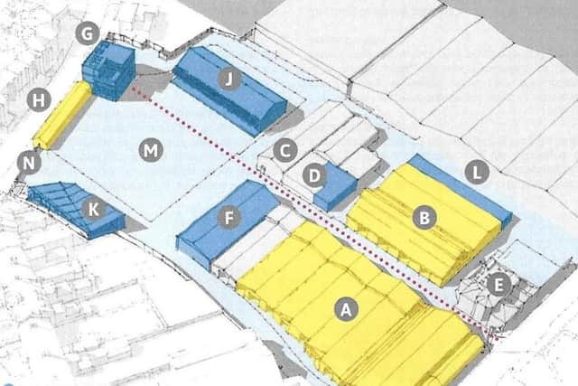 The lay out of how the new buildings (blue) will look like next to the existing buildings (yellow) at the Stockyard