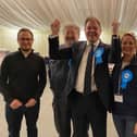 Edward Argar celebrates with his supporters after being elected MP for Melton & Syston early this morning