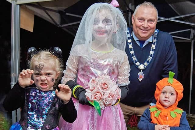 Senior Town Warden Tim Webster with the top three in the Halloween fancy dress competition in the Play Close
Whitehouse Photography