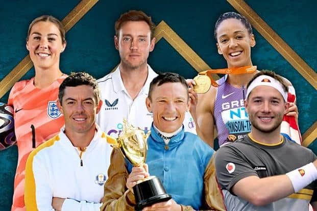 Contenders for the 2023 BBC Sports Personality of the Year, from left, Mary Earps, Rory Mcllroy, Stuart Broad, Frankie Dettori, Katarina Johnson-Thompson and Alfie Hewett