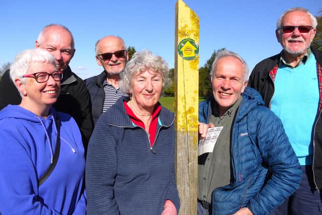MOWS members pictured after fixing one of the new Melton Navigation stickers to a waymarker on the outskirts of Frisby on the Wreake, from left: Rita Leggatt, Jim Leggatt, organiser Mike Patterson, Lorrie Foreman (ranger for Melton to Kirby Bellars), Rod Axon (ranger for Rearsby to Syston) and MOWS chairman Glynn Cartwright