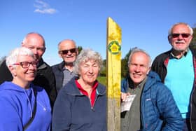 MOWS members pictured after fixing one of the new Melton Navigation stickers to a waymarker on the outskirts of Frisby on the Wreake, from left: Rita Leggatt, Jim Leggatt, organiser Mike Patterson, Lorrie Foreman (ranger for Melton to Kirby Bellars), Rod Axon (ranger for Rearsby to Syston) and MOWS chairman Glynn Cartwright