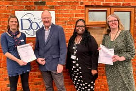 Pictured (from left) are Dora Walls (Dove Cottage); David Alcraft (St Mary’s Freemasons Lodge Charity Steward); Natasha Murray and Alison Smith (Melton Mencap)