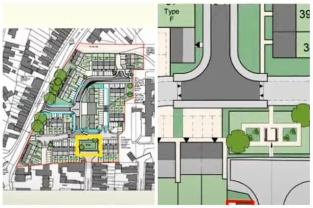 The location (yellow box) of where the vagrant cell (left) will be in the open space at the new development at the old St Mary's Hospital site and (right) a close up of what the area will look like