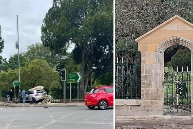 The newly-restored Jerusalem Arch (right) in Wilton Road and the aftermath of the collision which demolished it back in June 2021