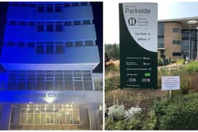 Leicestershire County Council's Glenfield HQ (left) lit up this week in the colours of the Israel flag and Melton Borough Council's Parkside offices, which will not be flying a flag for the nation