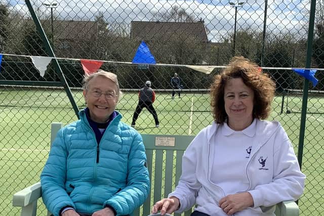 Hamilton Lawn Tennis Club celebrates its centenary - the new centenary bench donated by Margaret Roskell (left) to mark the club’s centenary. Pictured with Margaret Shufflebotham