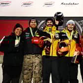 Amelia Coltman on the podium in St Moritz.