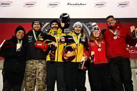 Amelia Coltman on the podium in St Moritz.
