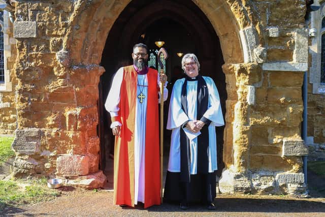 Rev Jane Walker pictured at All Saints Church, Somerby, with Bishop of Loughborough Rt Rev Saju Muthalaly PHOTO: Melanie Davies