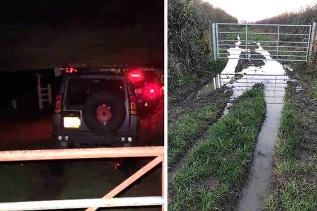 One of the churned up byways at Redmile which is supposed to be closed (right) and a vehicle using a byway despite the closure