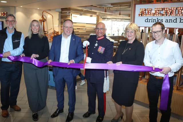 The official launch of Alembic, a new restaurant experience in EMA’s departure lounge, took place to help mark the special occasion. Cutting the ribbon are (l-r) Customer Services & Planning Director Mike Grimes, HMHost’s Head of Business Development and Brand Relationships, F&B, Heidi Barlow, EMA’s Managing Director Steve Griffiths, Lord Lieutenant of Leicestershire Michael Kapur, Deputy Lord Lieutenant of Leicestershire (and former EMA MD) Penny Coates and EMA’s Commercial Director Chris Lane