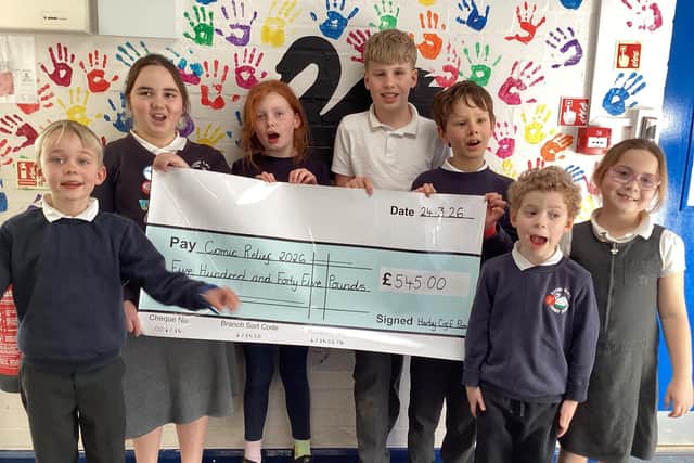 Harby Primary School pupils celebrate their Comic Relief fundraising efforts