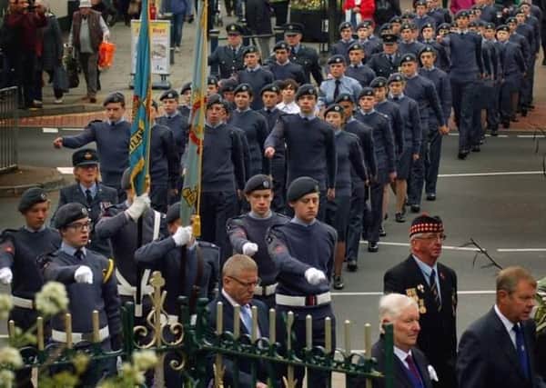 Members of 1279 (Melton Mowbray) Squadron Royal Air Force Cadets march in the Battle of Britain parade through Melton