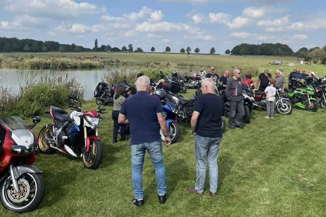 Motorcyclists pictured at Eye Kettleby Lakes at the end of a previous Rideout for the Claire Lomas fundraising drive