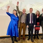 Rutland and Melton Alicia Kearns (left) and Melton Borough Councillor Rob Bindloss (second left) celebrate today's announcement of £23million levelling up funding for Melton and Rutland