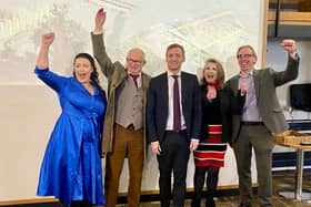 Rutland and Melton Alicia Kearns (left) and Melton Borough Councillor Rob Bindloss (second left) celebrate today's announcement of £23million levelling up funding for Melton and Rutland