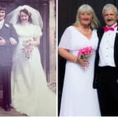 William and Elizabeth Peters on their wedding day in 1973 (left) and pictured this month as they renewed their vows at St Mary's Church, Melton