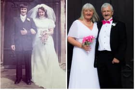 William and Elizabeth Peters on their wedding day in 1973 (left) and pictured this month as they renewed their vows at St Mary's Church, Melton