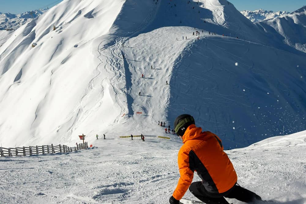 Skiing in the popular family resort of La Plagne in the French Alps