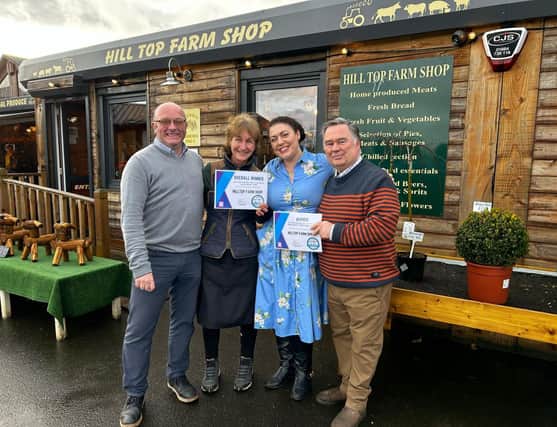 Owners at Hill Top Farm Shop, in Melton - overall winners of the Rutland and Melton’s Favourite Independent Shop Awards with MP Alicia Kearns
