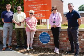 Councillors Glancy and Butcher, heritage society chair Mark Orridge and representatives of Snowdon Homes gather to unveil the new blue plaques on Thorpe Road