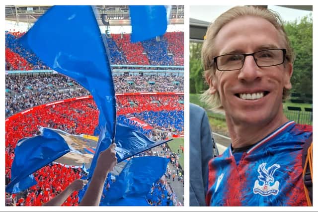 Melton Borough Council chief executive, Edd de Coverly, in his Crystal Palace and his view at Wembley Stadium during Saturday's FA Cup final