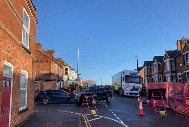 Cars and lorries turning into Stafford Avenue, Melton, a year ago to avoid the Thorpe Road closure - the road will be closed again for eight days next month