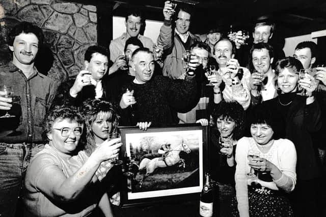 Jimmy Lawless (centre) pictured with regulars at The Sugar Loaf at Ab Kettleby in 1989 after local horse Desert Orchid won the Cheltenham Gold Cup