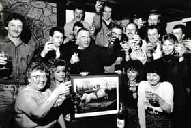 Jimmy Lawless (centre) pictured with regulars at The Sugar Loaf at Ab Kettleby in 1989 after local horse Desert Orchid won the Cheltenham Gold Cup