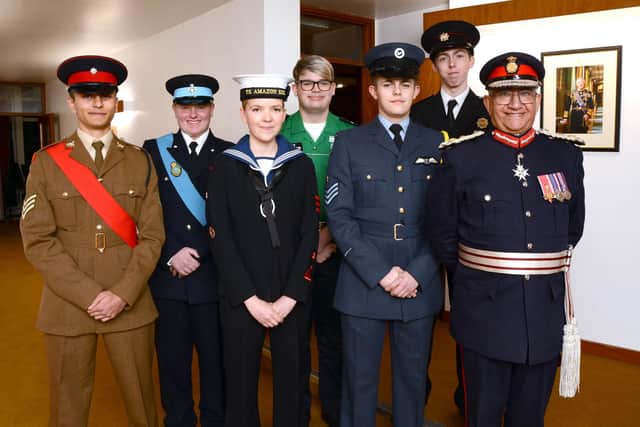 Lord Lieutenant of Leicestershire, Mike Kapur, with his six newly-appointed cadets