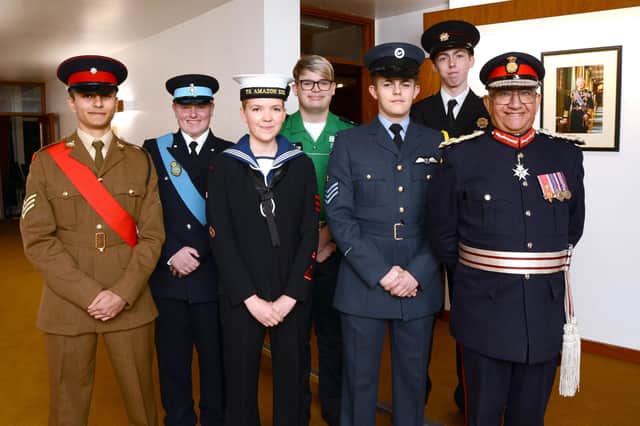 Lord Lieutenant of Leicestershire, Mike Kapur, with his six newly-appointed cadets