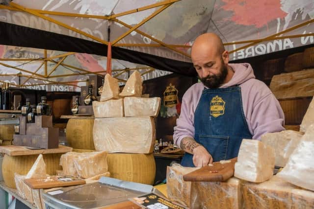 A cheese stall selling produce