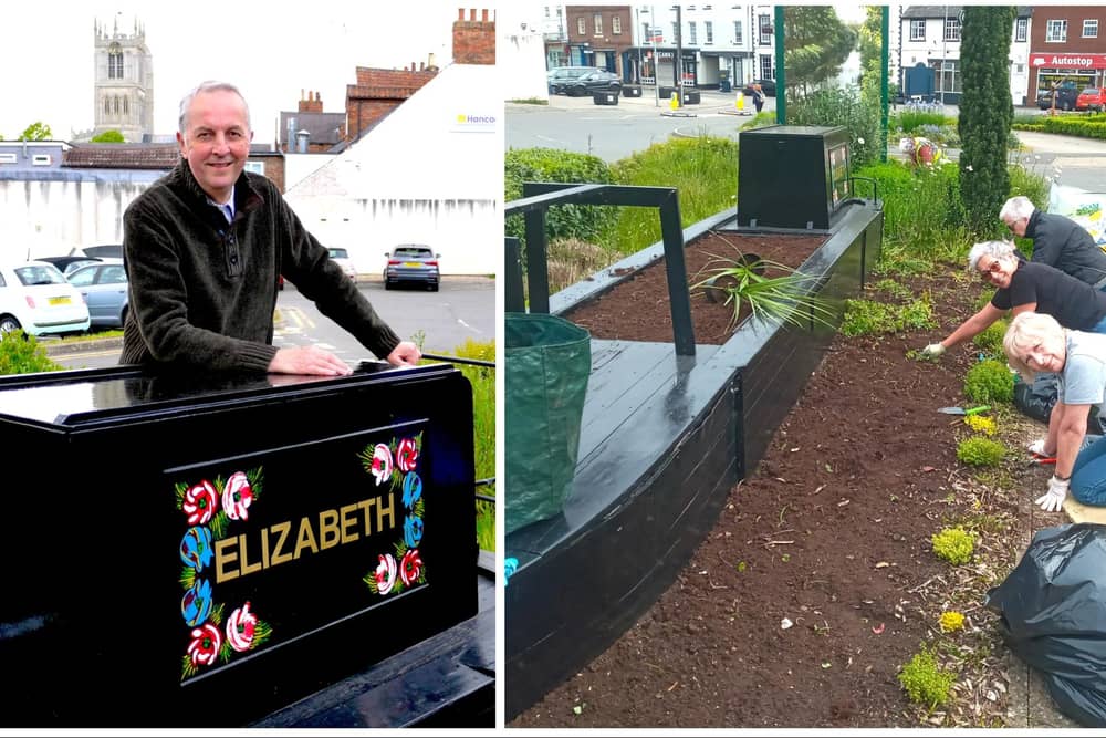 Jerry Filor (left) with the renamed and redecorated replica canal barge in Heritage Gardens and (right) Melton In Bloom volunteers plant the gardens