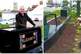 Jerry Filor (left) with the renamed and redecorated replica canal barge in Heritage Gardens and (right) Melton In Bloom volunteers plant the gardens