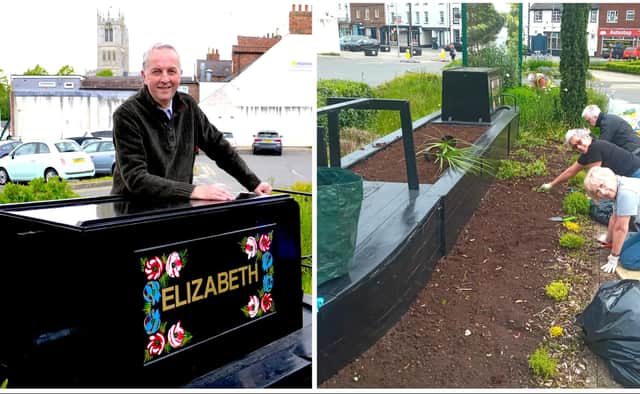 Jerry Filor (left) with the renamed and redecorated replica canal barge in Heritage Gardens and (right) Melton In Bloom volunteers plant the gardens