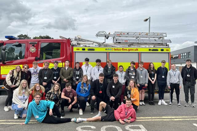 Some of the students who helped firefighters with an emergency incident drill at Melton Theatre