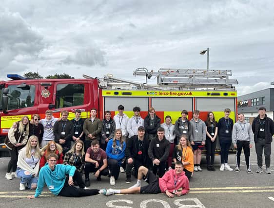 Some of the students who helped firefighters with an emergency incident drill at Melton Theatre