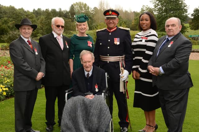 Lord-Lieutenant of Leicestershire, Mike Kapur, with the BEM and MBE recipients at the ceremony, from left – Paul Gardner, Brian Jackson, Barbara Chantrell, Jessica Daley, Willian (Bill) Brown, with Richard Easom (front).