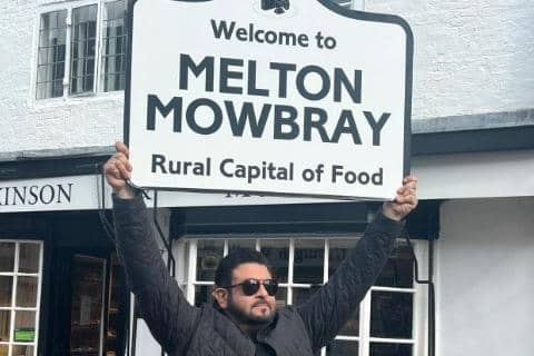 Adam Richman pictured during his visit to Ye Olde Pork Pie Shoppe in  Melton Mowbray where he sampled Melton pork pies for his TV show