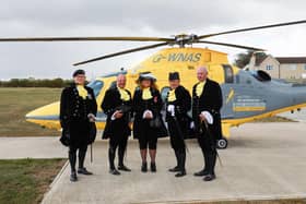 The High Sheriffs pictured on their visit to the local Air Ambulance's Nottingham base, from left: Rutland: Colonel Richard Chesterfield; Northamptonshire: Jeremy Sharman; Warwickshire: Karen Lynch MBE; Leicestershire: Stephen Bryan JP; and Derbyshire: Sir Richard FitzHerbert