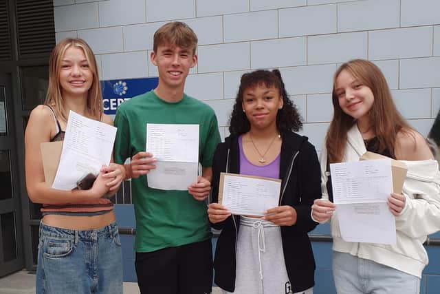 Priory Belvoir Academy students celebrate their GCSE results today, from left: M Chester (1 grade 9, 2 grade 8s, 3 grade 7s, 3 grade 6s); A Curtis (8 grade 9s, 1 grade 8, 1 grade 7); R Booth Clibborn (2 grade 7s, 3 grade 6s, 4 grade 5s); L Beers (1 grade 8, 4 grade 7s, 1 grade 6, 3 grade 5s)