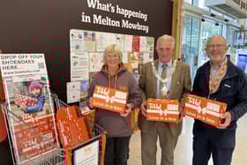 Mayor of Melton, Councillor Alan Hewson, launches the T4U shoebox appeal at Sainsbury's