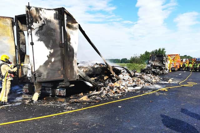 The aftermath of this morning's A1 lorry fire which has caused traffic gridlock in Melton