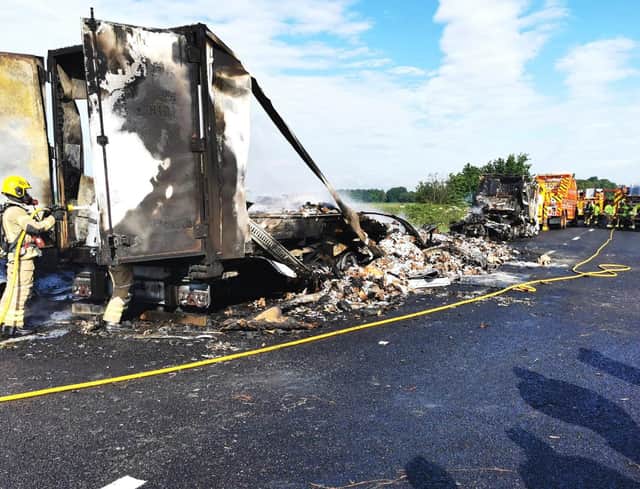 The aftermath of this morning's A1 lorry fire which has caused traffic gridlock in Melton