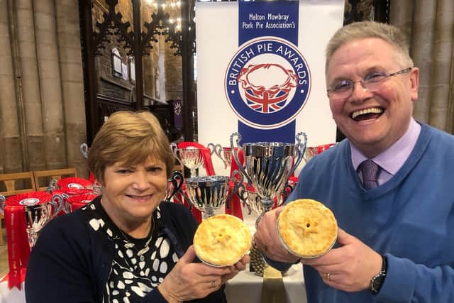 Christine & Paul Boyle from Boghall butchers Bathgate with their Kebab Pie after it was named Supreme Champion at the British Pie Awards 2025 PHOTO Martin Elliott