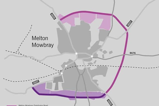 The route of the Melton Mowbray Distributor including the proposed southern relief link, which is not currently funded